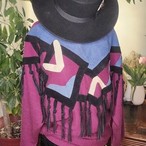Vintage 90s Fringe Knit Sweater With Suede Leather Geometric Details CAMEO ROSE